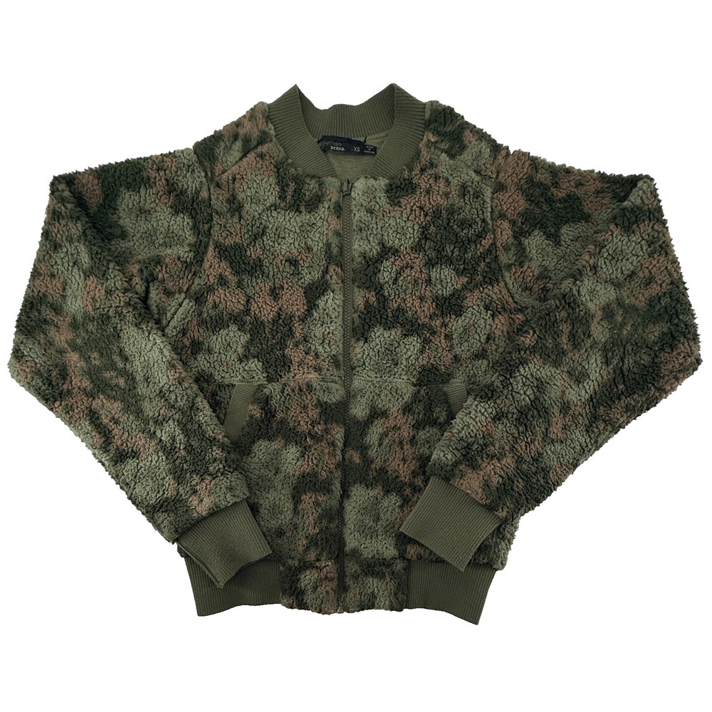 Prana Sherpa Fleece Jacket Womens XS Camo Bomber Zip Front Outdoor Cozy
